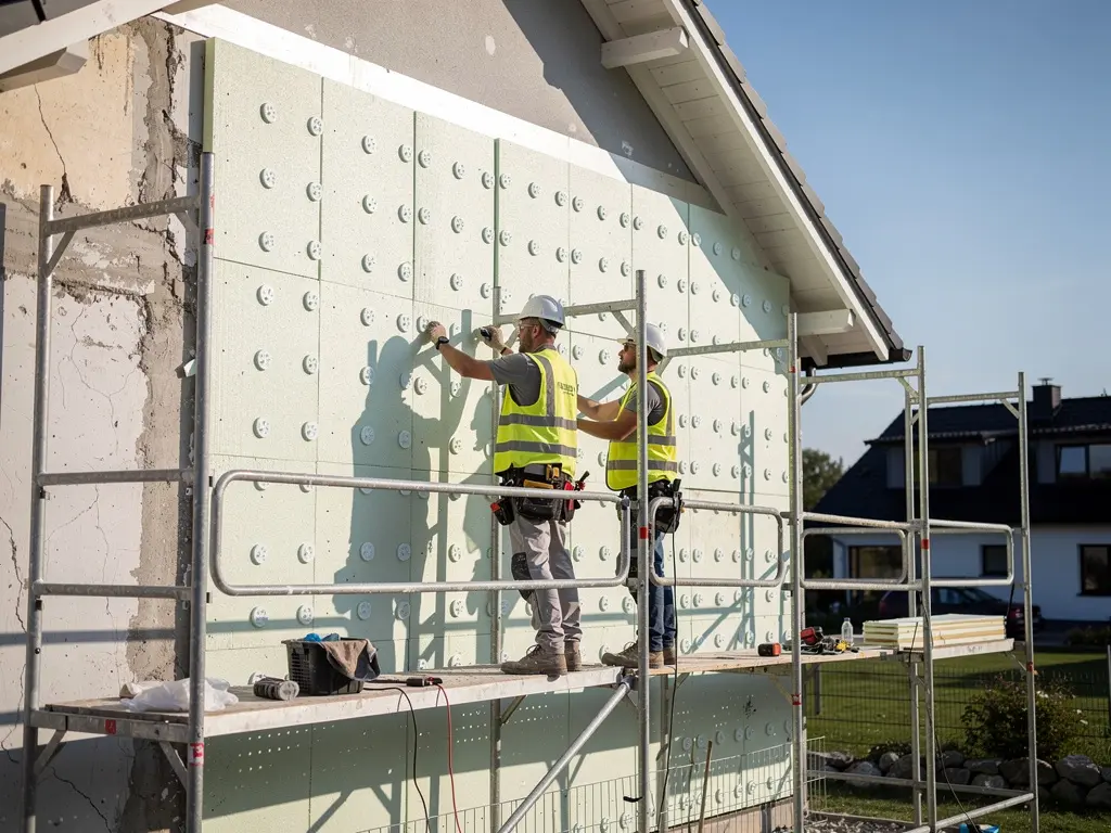 Pose de panneaux isolants sur un mur depuis un échafaudage de chantier